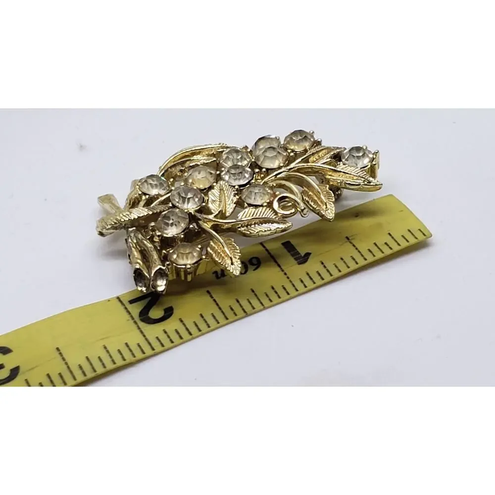 Vintage Brooch Figural Leaf Clear Rhinestone Gold Tone